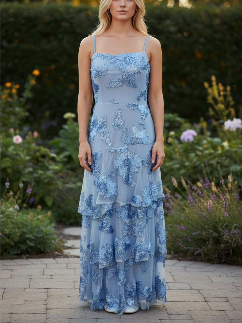 Light Blue Floral Embroidered Tiered Maxi Dress